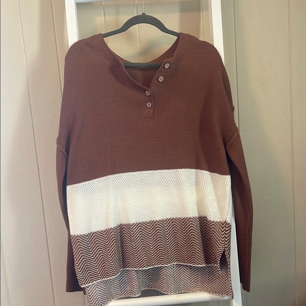 SHEIN Brown and White V-Neck Sweater with Color Block Design